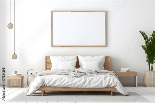 Modern guest room with a statement Mockup poster blank frame and wooden furniture 