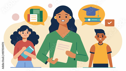 A student at a community college excitedly shares her success story with a group of her peers explaining how filling out financial aid forms helped. Vector illustration