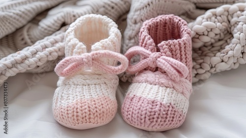 Cozy handmade baby booties on a soft blanket background