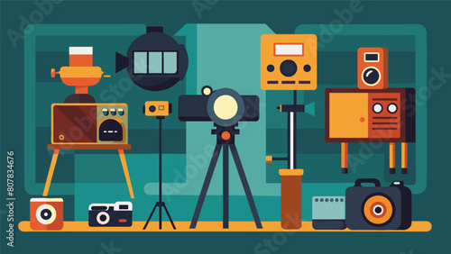 In a corner of the workshop a student has set up a mini display of antique camera equipment from tripods to filters demonstrating the extensive. Vector illustration