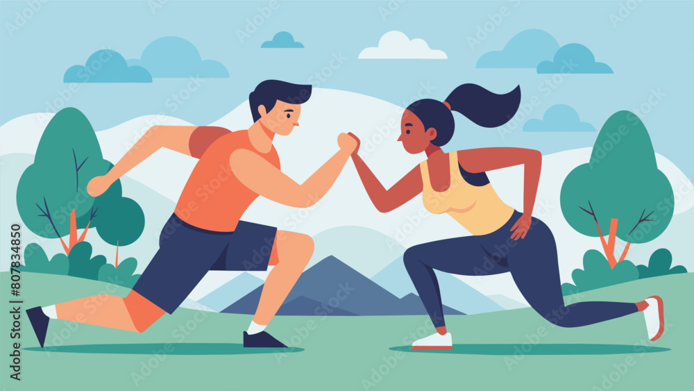 Men and women working together in pairs to support and motivate each other during the intense outdoor fitness bootcamp.. Vector illustration