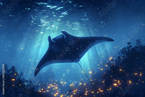 Majestic Manta Ray Glides Through Luminous Underwater Realm