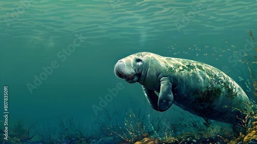 Majestic Manatee Swimming in Tranquil Underwater Realm