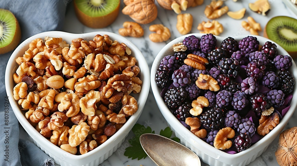 A few white bowls brimming with fruits and nuts neighbor a bowl of walnuts and kiwis A few white bowls brimming with fruits and nuts neighbor a bowl of walnuts and kiwis