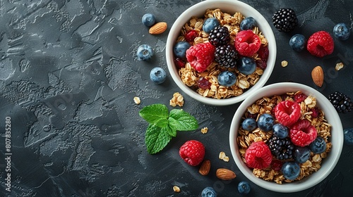  Two bowls of granola topped with berries, almonds, and mint on a dark background
