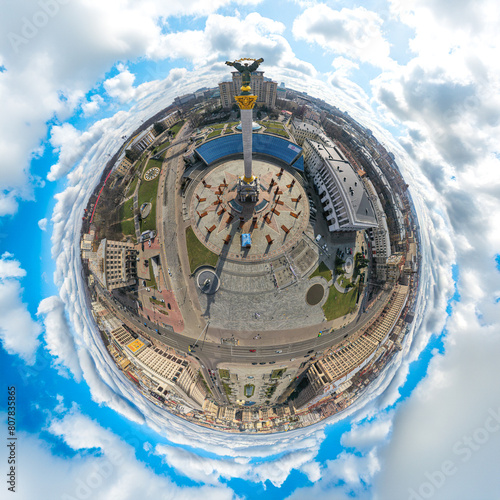 360 degree view on Independence square in Kyiv from drone