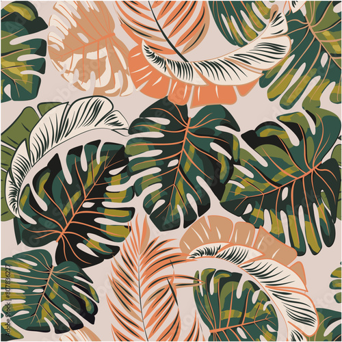 Trend abstract seamless pattern with colorful tropical leaves and plants on a light background. Vector design. Jungle print. Floral background. Printing and textiles. Exotic tropics. Fresh design. © andrei