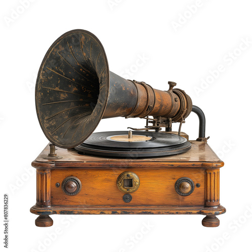 A vintage wooden music player with an oldstyle gramophone on transparent background