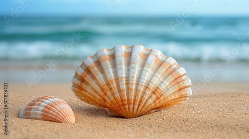  Two seashells on a beach with an oceanic backdrop in the photograph