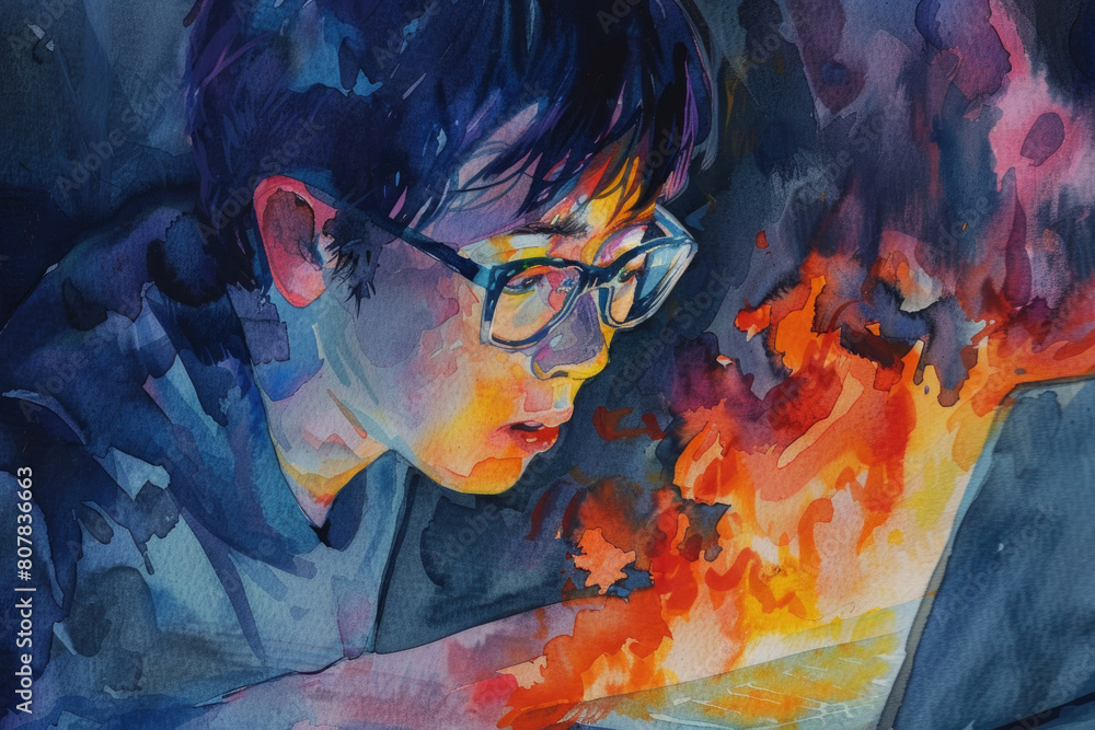 A boy with glasses deeply concentrated on his screen with vivid reflections of blazing fire A boy with glasses deeply concentrated on his screen with vivid reflections of blazing fire