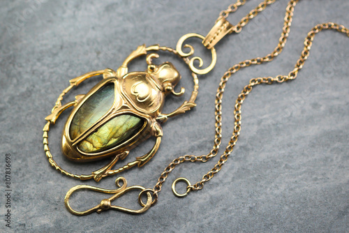 Art Deco Vintage style Egyptian Scarab Large Pendant Necklace, Antique 18Ct Yellow Gold Plated, Green Gold Labradorite