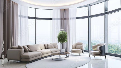 Rounded walls in the interior with panoramic windows  modern design of a light living room