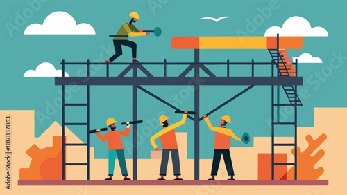 The sound of metal clanging and the hum of machinery fills the air as workers fasten steel panels onto the sides of the buildings frame.. Vector illustration