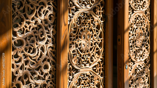 Wooden patterned partitions with a beautiful ornament in the sunlight close-up