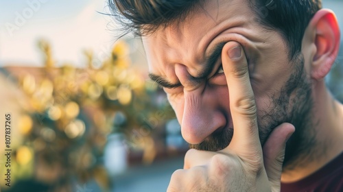 Nose scrunching gesture, man rubs right eye with right hand, looking sideways with pained expression, chalazion blepharitis keratitis uveitis optic neuritis photo