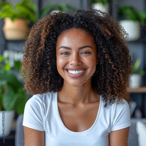 Smiling woman with curly hair sitting in a cozy plant-filled room