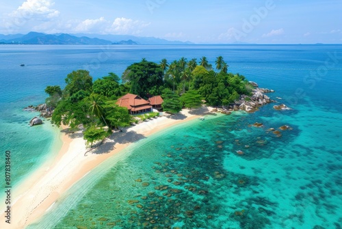 Aerial view of sandy tropical island beach in summer.