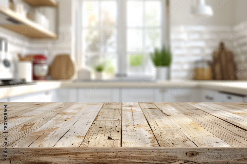 Wooden Counter n Blurred Kitchen Background