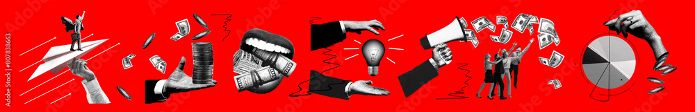 © master1305 - Financial dynamics and stock market. People, employees working on success, growing finances. Contemporary art collage. Concept of financial literacy, economic, business, money