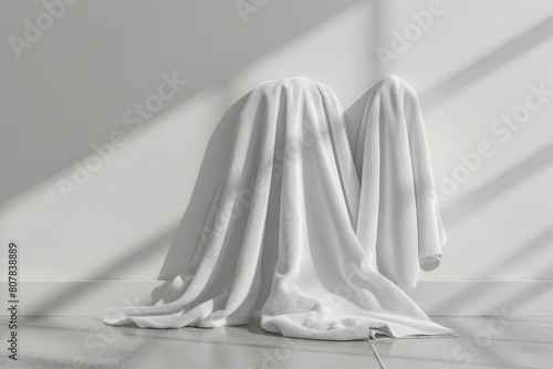 Two white towels draped over each other on a floor