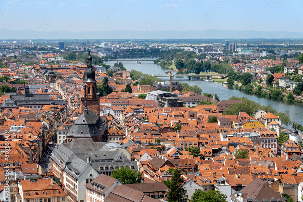 Obraz premium Heidelberg aerial view of old town river and bridge, Germany. Aerial View of Heidelberg, Germany Old Town.