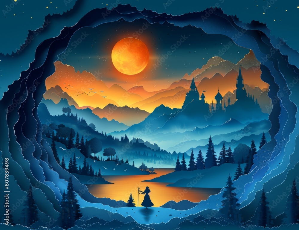 night landscape with mountain river and moon, night view.