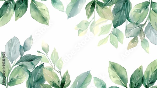 elegant watercolor border with green leaves, standard scale photo