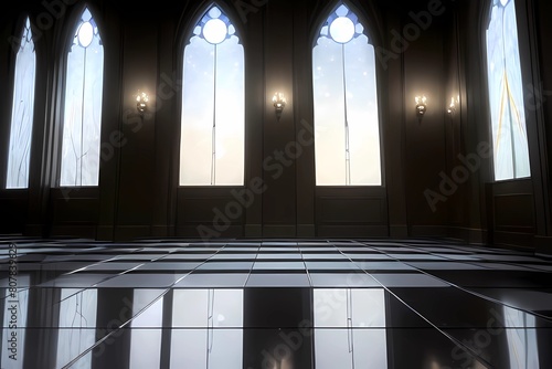 ゲーム背景暗い室内の大理石の床とゴシック風窓のある室内風景