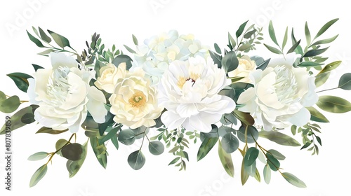 Classic white peony, hydrangea, magnolia and rose flowers, eucalyptus, fern, salal, greenery, big vector design spring wedding bouquet. Watercolor photo