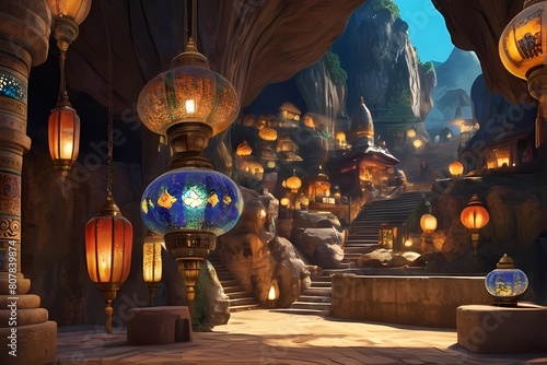 ゲーム背景ランタン通りのファンタジー地下帝国洞窟路地 photo