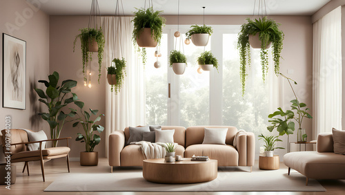 Gorgeous living room with soft, earthy colors and hanging plants for a relaxing feel, biophilic interior design © Taras