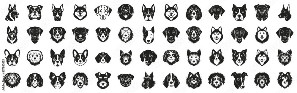 Fototapeta premium Dog breeds vector illustration. Different dogs head portrait hand drawn black on white background. Pet silhouette - Dalmatian, Doberman Pinscher, French Bulldog, German Shepherd, Golden Retriever.