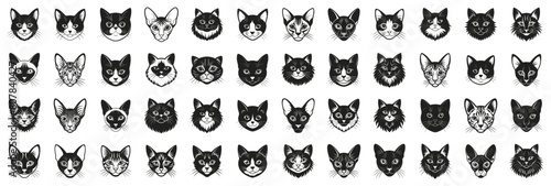 Cat breeds vector illustration. Different cats head portrait hand drawn black on white background. Pet silhouette - Devon Rex, Longhair Domestic, Munchkin, Bengal, Persian, Ragamuffin, Ragdoll.