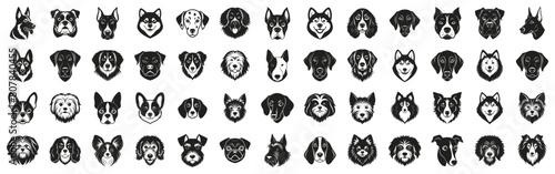Dog breeds vector illustration. Different dogs head portrait hand drawn black on white background. Pet silhouette - Dalmatian, Doberman Pinscher, French Bulldog, German Shepherd, Golden Retriever.
