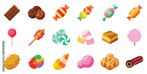 Collection of Candy and Sweet Treats Icons, vector flat cartoon illustration. Confectionery - chocolate, lollipop, cotton candy, jelly beans, marshmallows, caramel, bubble gum.
