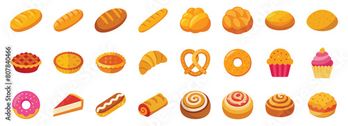 Collection of Bakery Goods Icons, vector flat cartoon illustration. Set of baked products - rye bread, danish pastry, pretzel, cheesecake, cinnamon roll for dessert menu.