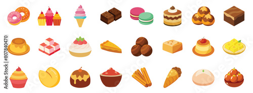 Collection of Dessert and Sweet Treats Icons, vector flat cartoon illustration. Confectionery menu - cupcake, doughnut, brownie, macaron, tiramisu, panna cotta, Turkish delight, fortune cookie.