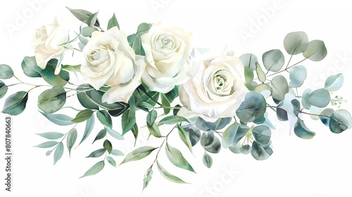 Watercolor flower bouquet. White roses and green plants. Eucalyptus branch. Perfect for wedding stationery  greetings  wallpaper  fashion  fabric  home decor. 