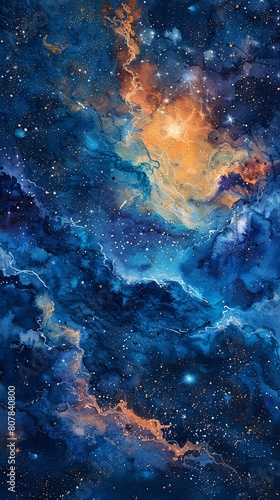 a mesmerizing watercolor painting capturing the essence of space, featuring stars and the Cancer constellation. Embrace the beauty of watercolor with textured paper