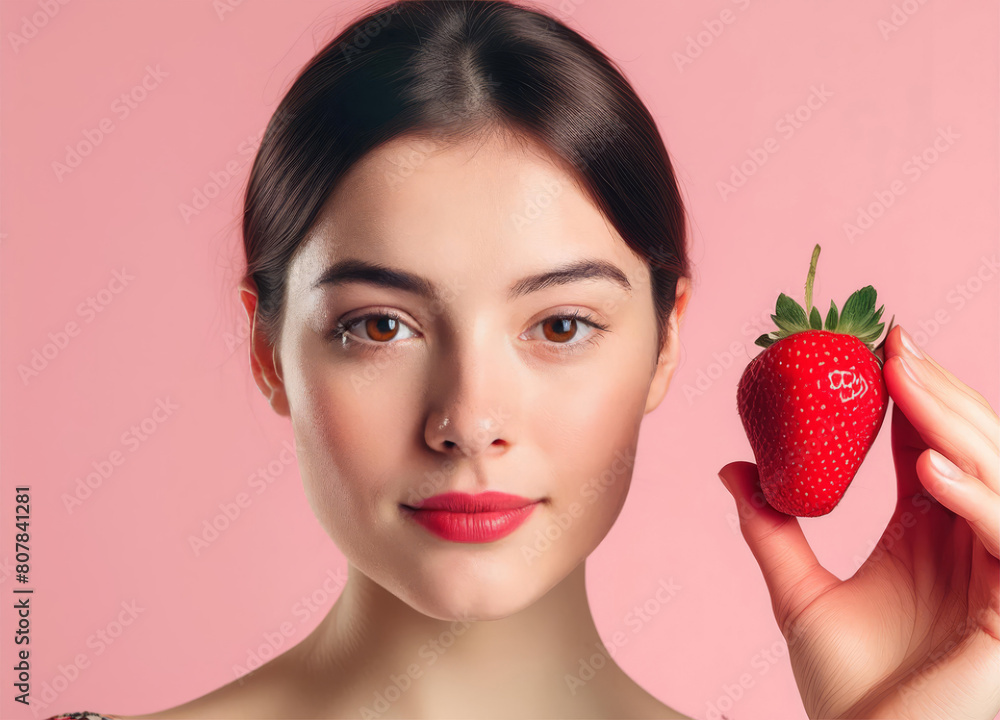 Beautiful woman hold Fresh red strawberry on pink pastel background Beautiful woman hold Fresh red strawberry on pink pastel background
