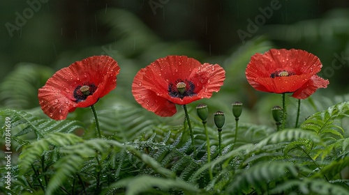   Three red flowers with water droplets on them in a ferny area with green leaves and a forest in the background photo