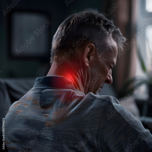 Digital composite of highlighted neck of a man with neck pain at home photo