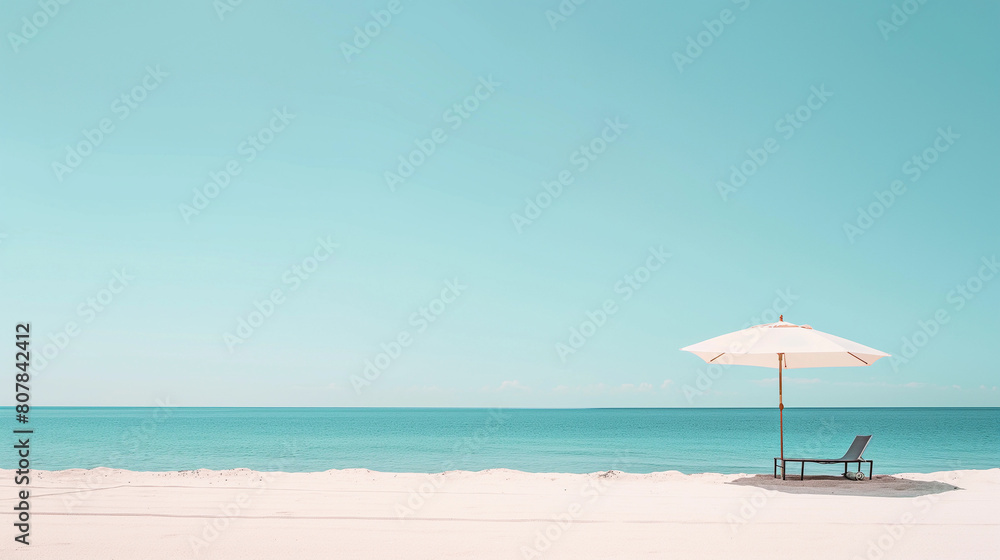 A beach scene with a white umbrella and a chair