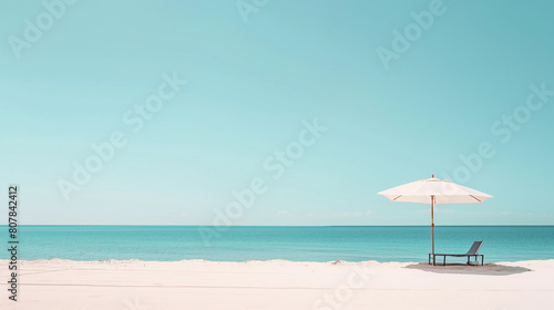 A beach scene with a white umbrella and a chair