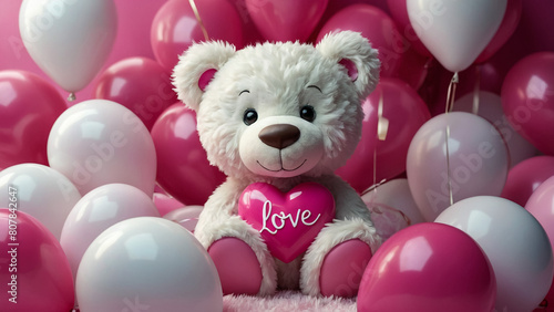 Lovely white teddy bear with beautiful pink roses on pink background
