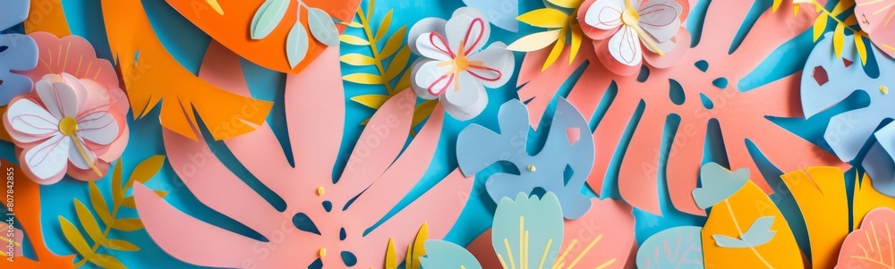 Fototapeta premium Brightly colored paper cut flowers are hanging from a wall. Paper cut background. Banner