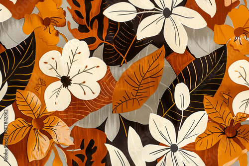 Mid-century textile design featuring stylized foliage and flowers, barkcloth. Botanical Floral Pattern with Warm Autumn Tones photo