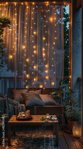 Romantic balcony scene featuring a vintage coffee table, string lights, and a small bistro set for two