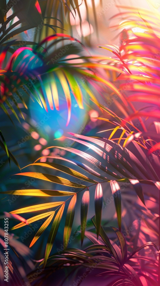 concept art featuring vibrant, bold gradient holographic colors on tropical and palm leaves. Minimal surrealism style with ample text copy space concept art featuring vibrant, bold gradient holographic colors on tropical and palm leaves. Minimal surrealism style with ample text copy space
