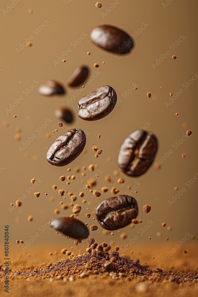 coffee beans and coffee powder on a brown background coffee beans and coffee powder on a brown background